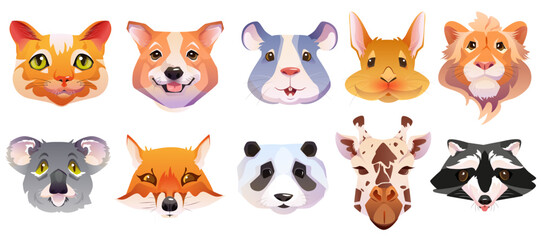 Cartoon set of animal face with cute masks for selfie photo or video chat. Pet heads of cat, dog, fox, raccoon, rabbit, lion, koala, mouse and giraffe for mobile phone application or social content.