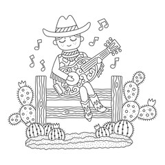 Cowboy wearing traditional clothing, sitting on ranch fence, playing guitar. Country music. Western male character. Desert nature, cactuses. Coloring page for kids. Cartoon vector illustration