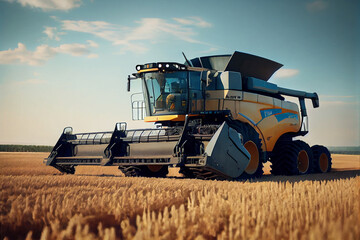 Harvesting grain in the field. Bright, evening, summer landscape with a combine harvester at sunset. Selective focus.