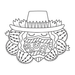 Portait of wild west bandit with hat and bandana. Western man face with mask. Decorated with cactuses and flowers. Funny coloring page for kids. Cartoon vector illustration. Isolated on white