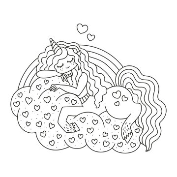 Little unicorn on the clouds. Happy horse girl with horn. Cute fantasy pony creature with rainbow. Decorated with hearts. Funny coloring page for kids. Cartoon vector illustration. Outlined. Isolated