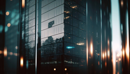 Naklejka na ściany i meble Skyscrapers at night, dark building facade, city lights reflection on glass. Generative AI