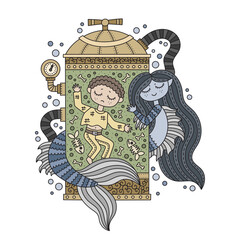 Obraz na płótnie Canvas Little mermaid girl and human boy in steampunk laboratory tank. Sci-fi science. Dark fantasy art. Cute cartoon vector illustration. Isolated on white 