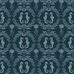 Seahorses and Jellyfish seamless pattern. Elegant sea animals wallpaper damask style.
