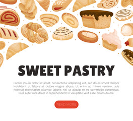 Sweet Bakery Food Banner Design with Baked Dough Pastry Vector Template