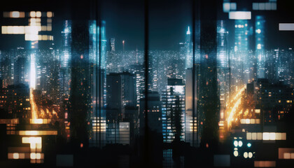 City skyscrapers at night, dark office building facade, lights reflection on glass. Generative AI