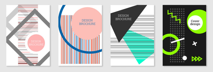 Set of cover design in Memphis style. Geometric design, abstract background. Fashionable bright cover, banner, poster, booklet. Creative colors.