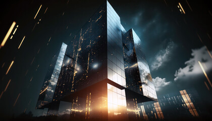 Skyscrapers at night, dark building facade, city lights reflection on glass. Generative AI