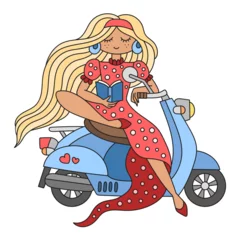 Foto op Plexiglas City blond girl sitting on the scooter and reading book. Retro style vibe. Cute lady riding blue oldfashioned motorbike. Cheerful summer cartoon vector illustration. Print for card and T-shirt © senior_pepeto