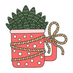 Little green succulent in red mug with polka dot pattern. Cute potted desert plant. Funny home garden element. Cartoon vector illustration. Isolated on white
