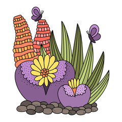 Cute little succulents growing in the soil. Different desert plants with blooming flowers and butterflies. Home garden botanical elements. Cartoon vector illustration. Isolated on white