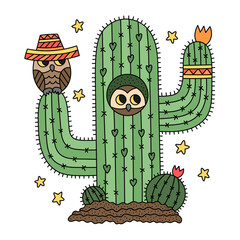 Cute little owls living in the cactus. Little nestling wearing sombrero. Big tall cactus with small round cactuses. Mexican desert nature. Cartoon vector illustration for kids