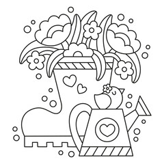 Rubber boots with spring flowers. watering can with cute bird. Summer drawing of gardening. Tulip, chamomile. Funny coloring page for kids. Cartoon vector illustration
