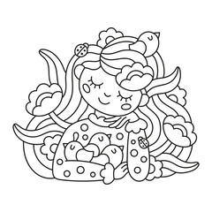 Cute smiling girl with flowers and birds in spring. Peaceful summertime portrait of young woman. Beautiful springtime coloring page for kids. Funny cartoon vector illustration