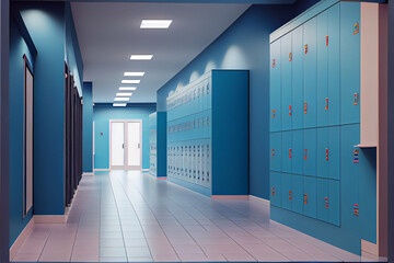 empty school lobby corridor interior with row of blue lockers horizontal banner flat