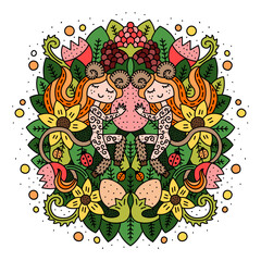 Colorful floral mandala with cute little faun. Magical woodland creatures. Summer forest ornament. Fantasy poster and print for kids. Cartoon vector illustration. isolated on white