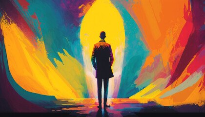 Fototapeta premium a silhouette of man standing in front of a colourful background