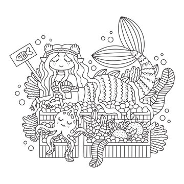Funny fish market with octopus. Fish, crab and mermaid. Funny underwater girl in shop. Seafood. Humor. Coloring page for kids and adults. Cartoon vector illustration. Isolated on white. Outlined art