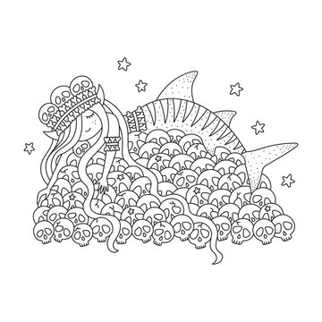 Little shark mermaid. Beautiful sea fish princess. Scary underwater monster. Skulls. Funny coloring page. Cartoon vector illustration. Isolated on white. Outlined artwork. Hand drawn style. Isolated