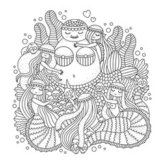 Goddess of mermaids with little girls. Mythology mother of underwater creature with children. Statue of sea monster. Detailed coloring page for adults. Cartoon vector illustration for. Outlined art