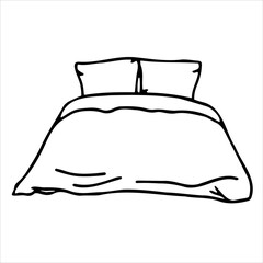Double bed. Vector hand-drawn doodles. Bedroom furniture. Clipart, logo, icon, sketch, template.