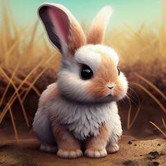 Cute young Rabbit among grass. Bunny 3d Illustration. AI Generative