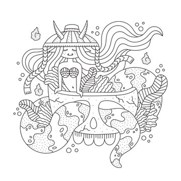 Little asian demon mermaid and big skull. Cute snake woman with horns. Mysterious japanese monster girl. Oriental coloring page. Cartoon vector illustration. Isolated on white. Outlined drawing