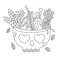 Skull pot with ingredients for witchcraft. Cute coloring page. Cartoon vector illustration. Hand drawn artwork. Outlined drawing. Isolated on white