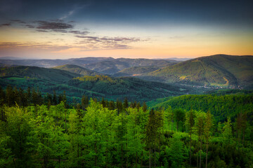Fototapeta na wymiar Panorama of the Silesian Beskids at sunrise. Poland