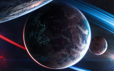 Inhabited planets in deep space. Science fiction. Elements of this image furnished by NASA