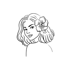 Young woman face with lush eyelashes.Flower in hair.Beautiful girl face on a white background. Vector illustration. Glamour fashion beauty woman face illustration,eyelash extension.