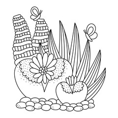 Different succulents with flowers. Summertime desert plants. Botany coloring page for kids and adults. Cartoon vector illustration. Isolated on white. Outlined drawing. Black lines