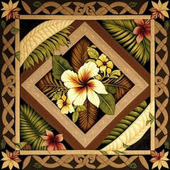 Hawaiian, Quilt, Leaves, Island, Theme, Handmade, Woven, Embroidery, Patches, Hibiscus, Flowers, Floral, Palms, Fronds, Earthy, Tan, Green, Natural, Nature,