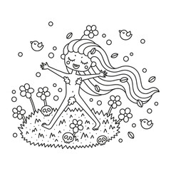 Happy girl in summer. Funny cheerful summertime woman. Nature with grass, flowers, birds. Coloring page. Cartoon vector illustration. Black and white colors. Outlined drawing. Isolated