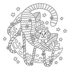Funny tiger on the crescent moon. Happy striped cat with bow. Cute big jungle animal. Leaves, creepers, flowers. Coloring page for kids. Cartoon vector illustration. Outlined drawing. Black lines