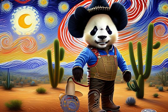 Oil painting artistic image of panda dressed in measly jeans, red-patterned camisola, with a shingle vest, dark sunglasses, cowboy hat, on a starry night in the desert with cactus in - generative ai