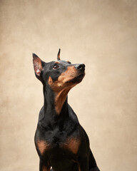 Standard pinscher on a beige background. Portrait of a dog in the studio. beautiful pet
