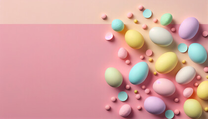 Fototapeta na wymiar Easter background, light pink, colourful eggs, 