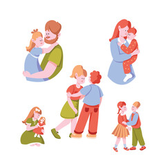 Mom and Dad with Son and Daughter Cuddling Together Vector Set