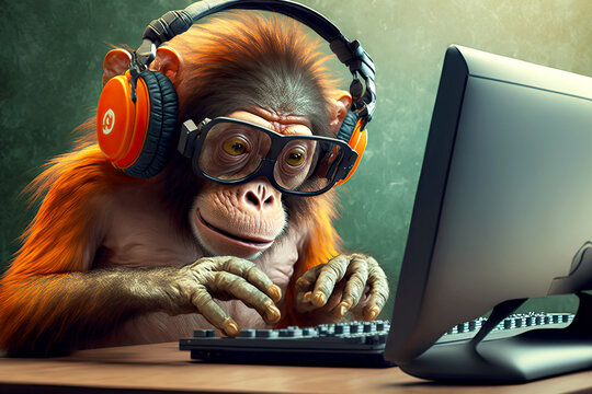 funny monkey with headphones and glasses playing computer games, generative ai