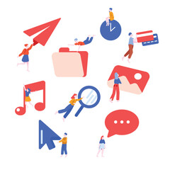 Tiny People Characters Interacting with Huge Objects Vector Set