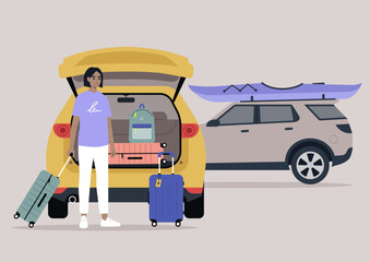 A young character packing suitcases in a car trunk, summer break road trip, vacation lifestyle