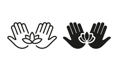 Hand Hold Lotus Silhouette and Line Icon Set. Palm and Flower, Medical Care Beauty Acupuncture Pictogram. Yoga Esoteric Meditation. Medical Massage. Editable Stroke. Isolated Vector Illustration