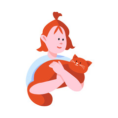 Happy Little Girl Cuddling and Hugging Cat Pet Vector Illustration
