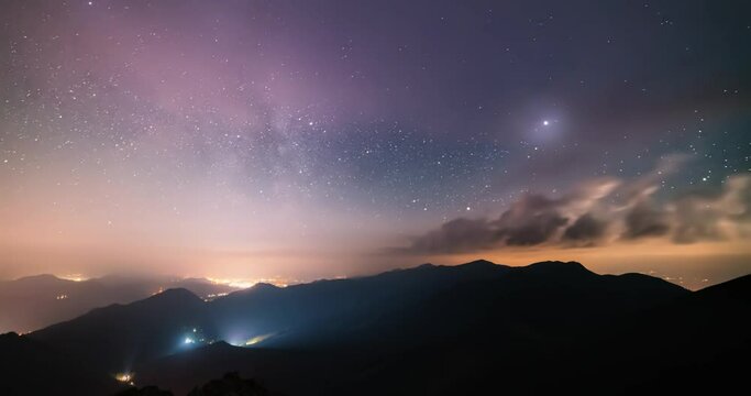 Day to night time lapse, Milky way galaxy stars and clouds sky motion fast over countryside in evening nature