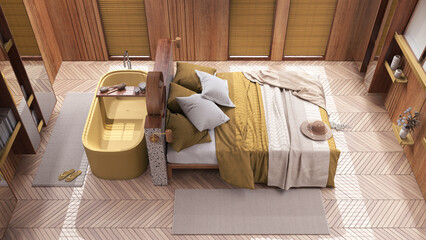 Obraz na płótnie Canvas Contemporary wooden bedroom with bathtub in yellow and beige tones. Double bed, freestanding bathtub and parquet floor. Top view, above. Japandi interior design