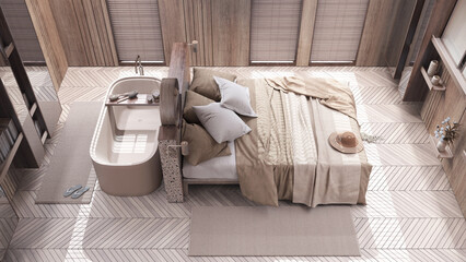 Contemporary bleached wooden bedroom with bathtub in white and beige tones. Double bed, freestanding bathtub and parquet floor. Top view, above. Japandi interior design