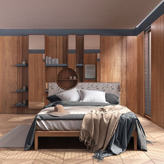 Minimalist wooden bedroom in gray and beige tones, close up. Master bed with blankets, parquet and window with venetian blinds. Japandi interior design
