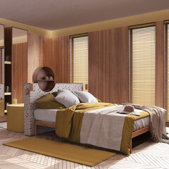 Contemporary wooden bedroom and bathroom in yellow and beige tones. Double bed, freestanding...