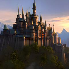 sunset over the castle - artificial intelligence, illustration
